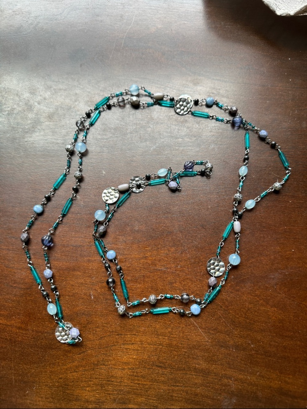 Elegant Teal Beaded Long Necklace with Silver Accents - Women Jewelry